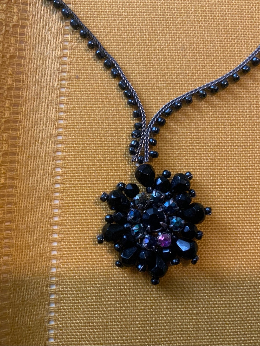 Vintage Black Glass Bead Cluster Pendant Necklace Iridescent Rhinestone Gothic